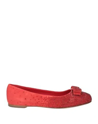 Ferragamo Woman Ballet Flats Red Size 8 Leather In Multi