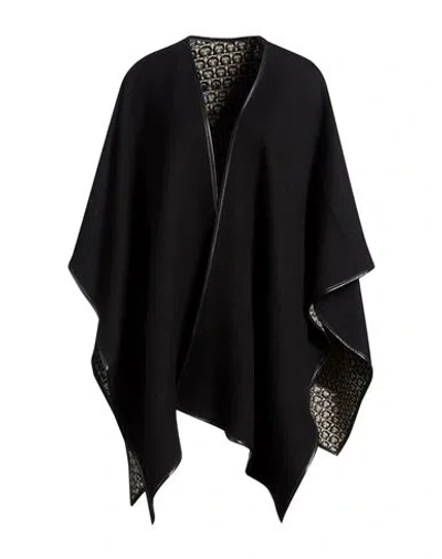 Ferragamo Woman Cape Black Size Onesize Wool, Calfskin