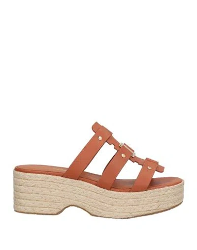 Ferragamo Woman Espadrilles Camel Size 7.5 Leather In Sand