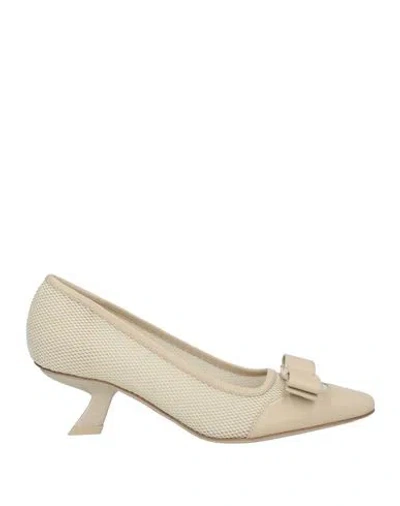 Ferragamo Woman Pumps Taupe Size 4.5 Leather, Textile Fibers In Grey