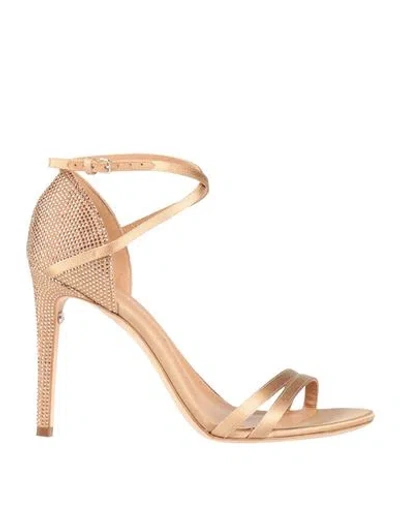 Ferragamo Woman Sandals Beige Size 8 Leather, Textile Fibers In Gold