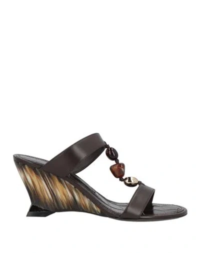 FERRAGAMO FERRAGAMO WOMAN SANDALS DARK BROWN SIZE 8 LAMBSKIN, CALFSKIN