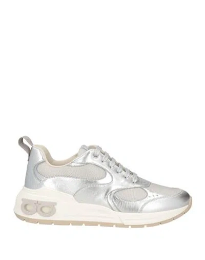 Ferragamo Woman Sneakers Silver Size 7.5 Calfskin, Textile Fibers