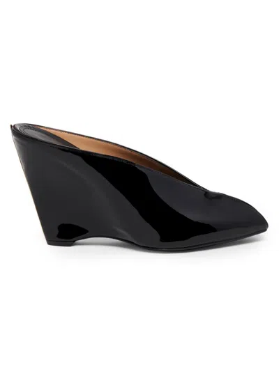 Ferragamo Leather Mules With Wedge Heel And Glossy Finish In Black