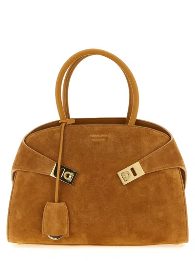 Ferragamo Beige Hug Small Satchel In Brown