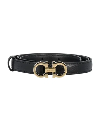 Ferragamo Women Black Golden Buckle Reversible Textured Belt