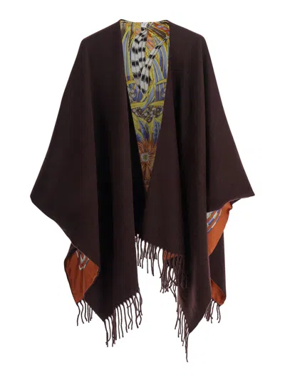 FERRAGAMO FERRAGAMO WOMEN BROWN CAPE WITH FRINGED HEM IN WOOL AND CASHMERE WOMAN