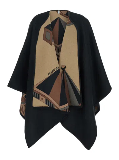 FERRAGAMO FERRAGAMO WOMEN BLACK CAPE WITH NADIR MOTIF AND LOGO LETTERING ON THE FRONT IN CAHSMERE AND WOOL WOM