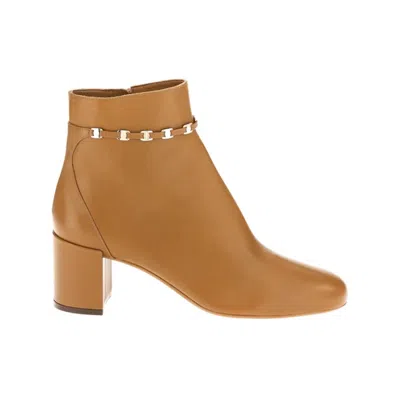 Ferragamo Women's Chain-link Leather Ankle Boots In Brown