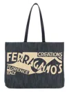Ferragamo Blue Denim Large Tt Sign Shopping Bag