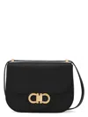 Ferragamo Women Black Crossbody Bag With Double Gancini Plaque On The Front In Grained Leather Woman In Black