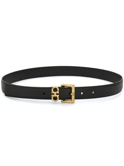 Ferragamo Women Double Gancini Smooth Leather Slim Belt In Black