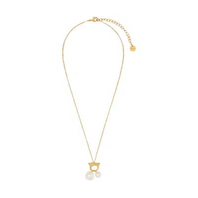 Ferragamo Women Double Pearls And Gancini Necklace In Gold