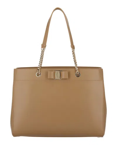 Pre-owned Ferragamo Women's  Vara Bow Smooth Leather Tote In Camel