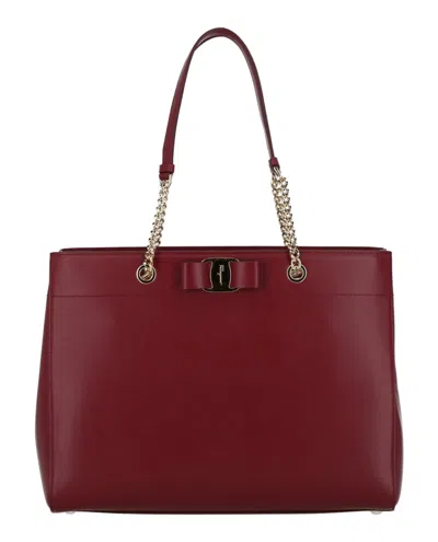 Pre-owned Ferragamo Women's  Vara Bow Smooth Leather Tote In Carmine In Red