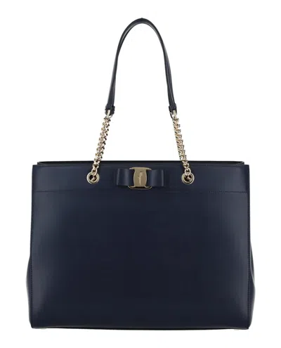Pre-owned Ferragamo Women's  Vara Bow Smooth Leather Tote In Navy Blue