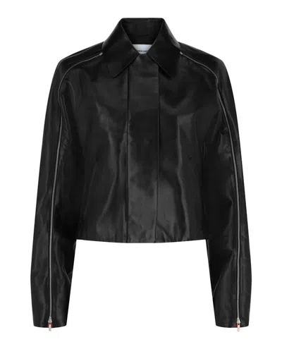 Pre-owned Ferragamo Women's  Zipdetail Cropped Leather Jacket In Black