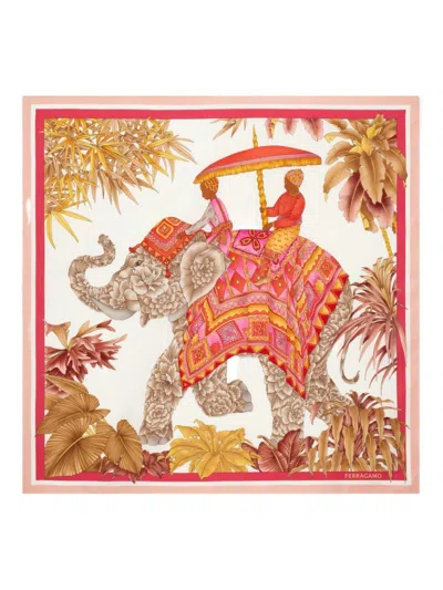 Ferragamo Silk Scarf Decorative Border Elephant Motif In Multi
