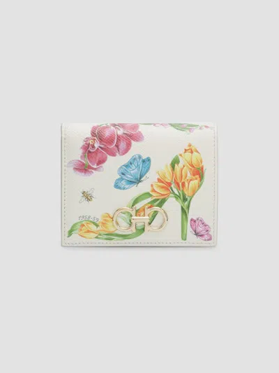 FERRAGAMO WOMEN'S GANCINI FLORAL LEATHER COMPACT BIFOLD WALLET