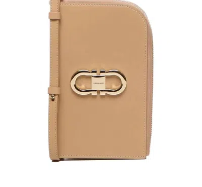 Ferragamo Women's Gancini Plaque Zip Around Wallet Phone Case In Brown In Beige