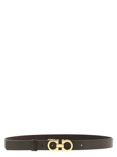 Ferragamo Leather Belt Adjustable Fit Gold Tone Buckle In Brown