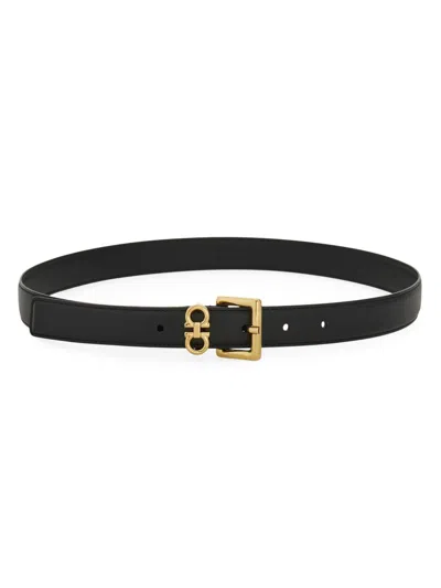 Ferragamo Double Gancini Smooth Leather Slim Belt In Black