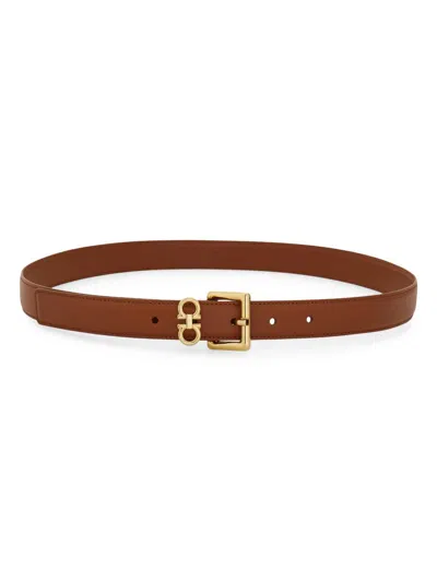 Ferragamo Double Gancini Square Buckle Leather Belt In Brown