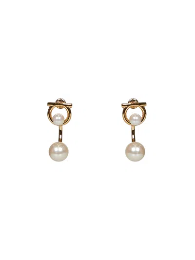 Ferragamo Women Gold Brass Gancini Earrings With Pearls In Multi