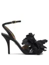 Ferragamo Black Satin Flower Sandals In Black