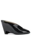 Ferragamo Leather Mules With Wedge Heel And Glossy Finish In Black