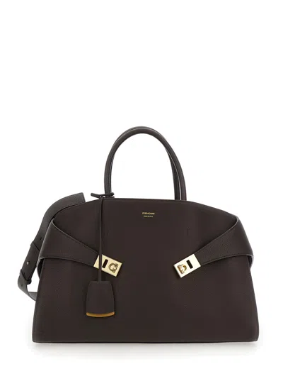 Ferragamo Women 'hug Bicolor' Brown Handbag With Logo And Gancini Buckle In Leather Woman