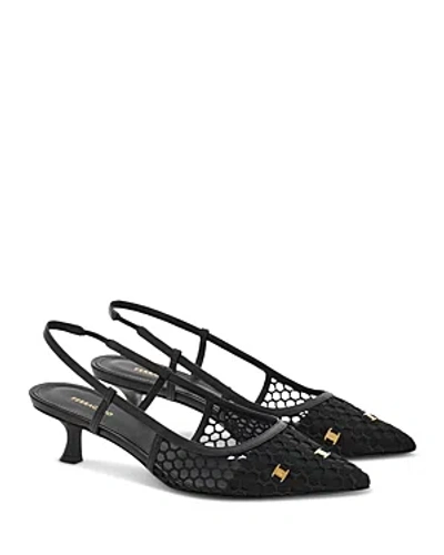 Ferragamo Klizia Embellished Grosgrain And Leather-trimmed Mesh Slingback Pumps In Black
