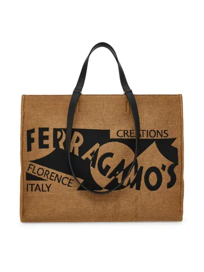 Ferragamo Women's Large F. Signature Raffia & Leather Tote Bag In Brown