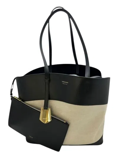 Ferragamo Women's Leather And Canvas Tote In Black / Cream In Multi