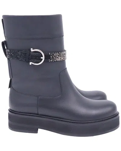 Ferragamo Women's Leather Ean Embellished Strap Bootie (authentic Pre-loved) In Blue