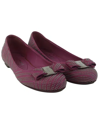 Pre-owned Ferragamo Women's Leather Studded Varina Bow Ballet Flat (authentic Pre-loved)