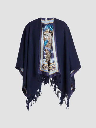 Ferragamo Women's Leopard Print Cashmere-wool Reversible Cape In Navy Blue