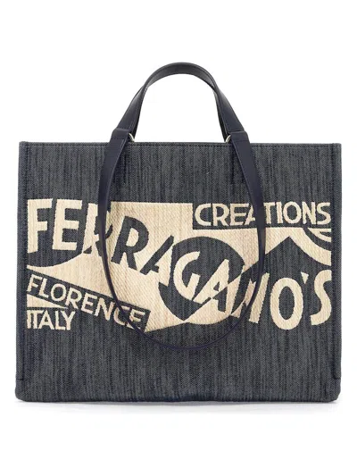 Ferragamo Large Venna Logo-embroidered Tote Bag In Blue
