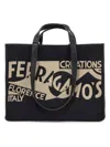 Ferragamo Black Tote Bag With Lucio Venna Logo Print In Fabric In Beige