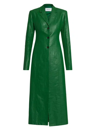 Ferragamo Coated Linen Single-breasted Long Coat In Green