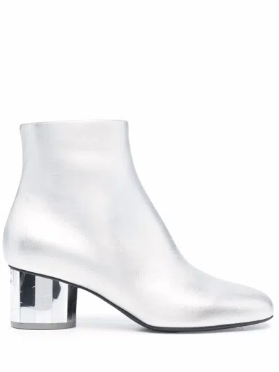 FERRAGAMO WOMEN'S MIRRORED HEEL LEATHER ANKLE BOOTS IN SILVER