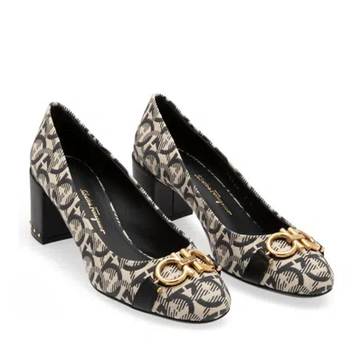 FERRAGAMO WOMEN'S MONOCHROME CANVAS GARDA GANCINI PUMPS IN BLACK