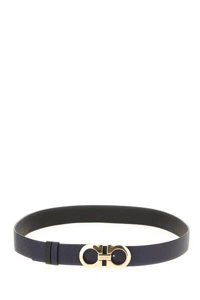 Ferragamo Women Navy Blue Textured Reversible Belt In Multi