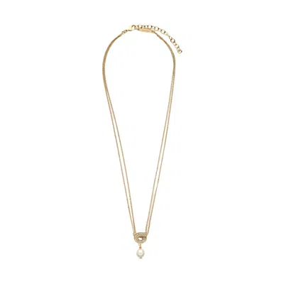Ferragamo Women Necklace With Gancini Pearl And Crystals Pendant In Gold