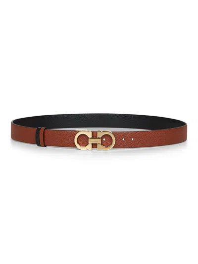 Ferragamo Women New Cognac Leather Gancini Reversible Belt In Multi