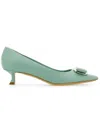 Ferragamo Zelma Pointed Toe Kitten Heel Pumps In Green