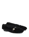 Ferragamo Shearling Texture Ballerinas With Gold-tone Hardware In Black
