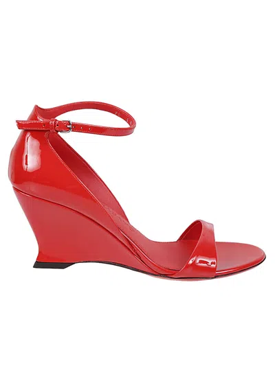 Ferragamo Glossy Leather Sandals With Shaped Wedge Heel In Red