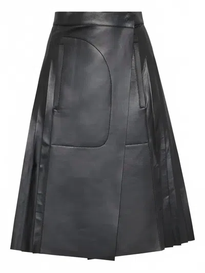 FERRAGAMO WOMEN'S PLEATED LEATHER MIDI SKIRT IN BLACK