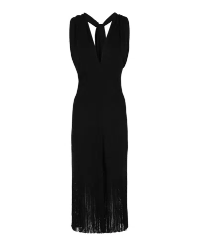 Ferragamo Women's Plunging Sleeveless Fringe-hem Midi Dress In Black